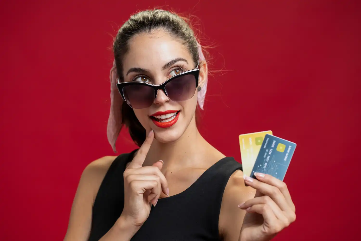 Mulher moderna com óculos escuros segurando dois cartões de crédito, ilustrando os benefícios de ter mais de um cartão de crédito para diferentes necessidades financeiras.