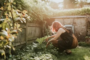 Pessoa cuidando de uma horta caseira em um espaço pequeno com plantas verdes, ideal para quem quer aprender como montar uma horta caseira em pequenos espaços