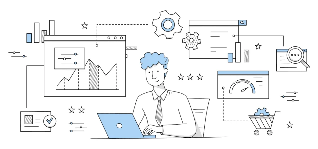 GEO (Generative Engine Optimization): o Novo SEO para a Era da Busca por IA: Ilustração vetorial de uma pessoa trabalhando em um computador com gráficos, ícones de tecnologia e IA ao redor, representando o novo SEO na era da busca por IA (GEO).