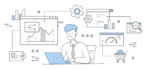 GEO (Generative Engine Optimization): o Novo SEO para a Era da Busca por IA: Ilustração vetorial de uma pessoa trabalhando em um computador com gráficos, ícones de tecnologia e IA ao redor, representando o novo SEO na era da busca por IA (GEO).