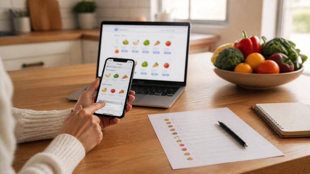 Mesa de cozinha moderna com smartphone mostrando app de compras, laptop com comparador de preços, lista de compras em papel, frutas frescas e mãos interagindo com o celular.